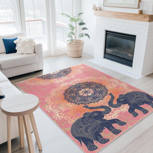 Mandala Elephant Pattern Rectangle Area Rug, Bohemian Style Living Room Carpet, Ethnic Design Home Decor Rug, Soft Floor Mat