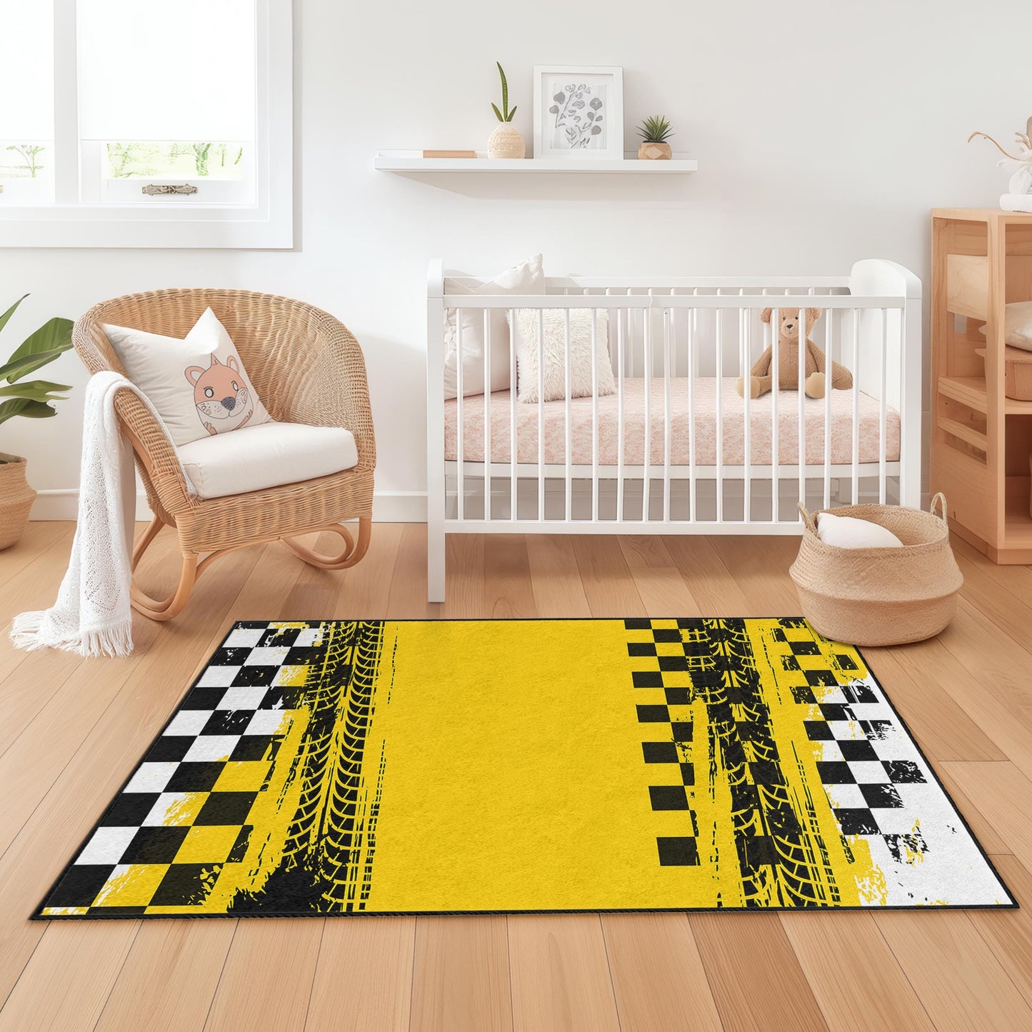 Rennstrecken-inspirierter Kinderteppich, gelb-schwarz karierte Spielmatte, rechteckiger Teppich fürs Kinderzimmer, lustige Rennsport-Deko