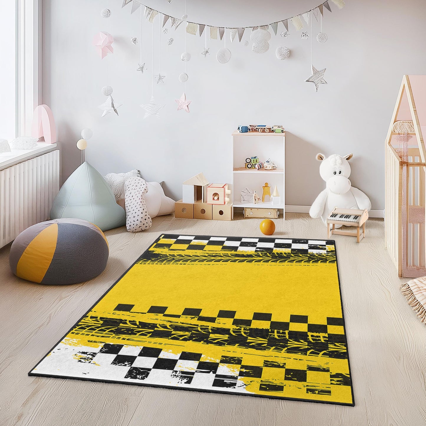 Rennstrecken-inspirierter Kinderteppich, gelb-schwarz karierte Spielmatte, rechteckiger Teppich fürs Kinderzimmer, lustige Rennsport-Deko