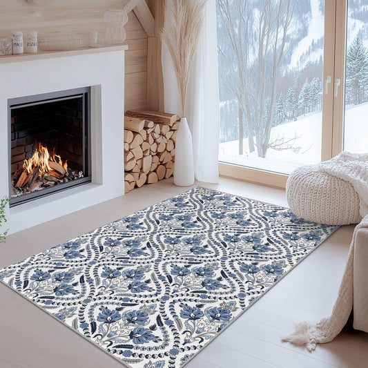 Elegant Floral Pattern Rectangular Area Rug, Blue Floral Carpet, Decorative Rug for Living Room, Vintage Style Floor Mat
