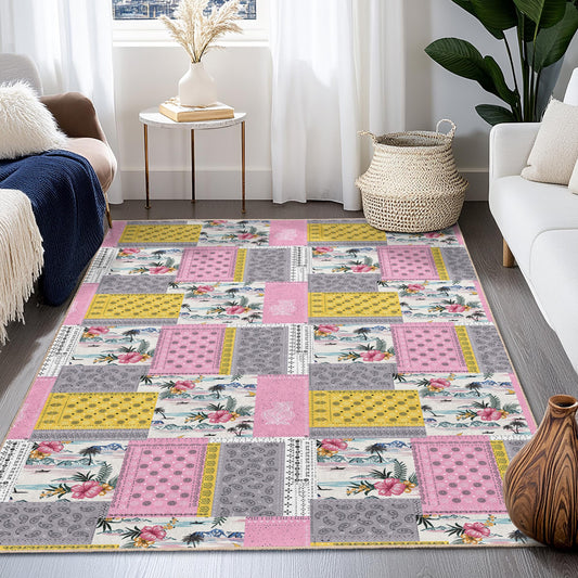 Floral Patchwork Design Rectangular Area Rug, Colorful Living Room Carpet, Modern Home Decor, Stylish Floor Mat, Living Room Rug