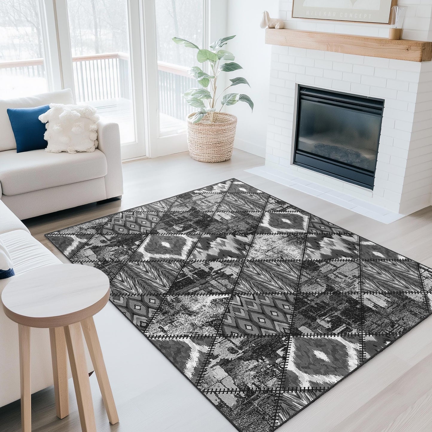 Black and White Geometric Area Rug: Modern Diamond Pattern Carpet