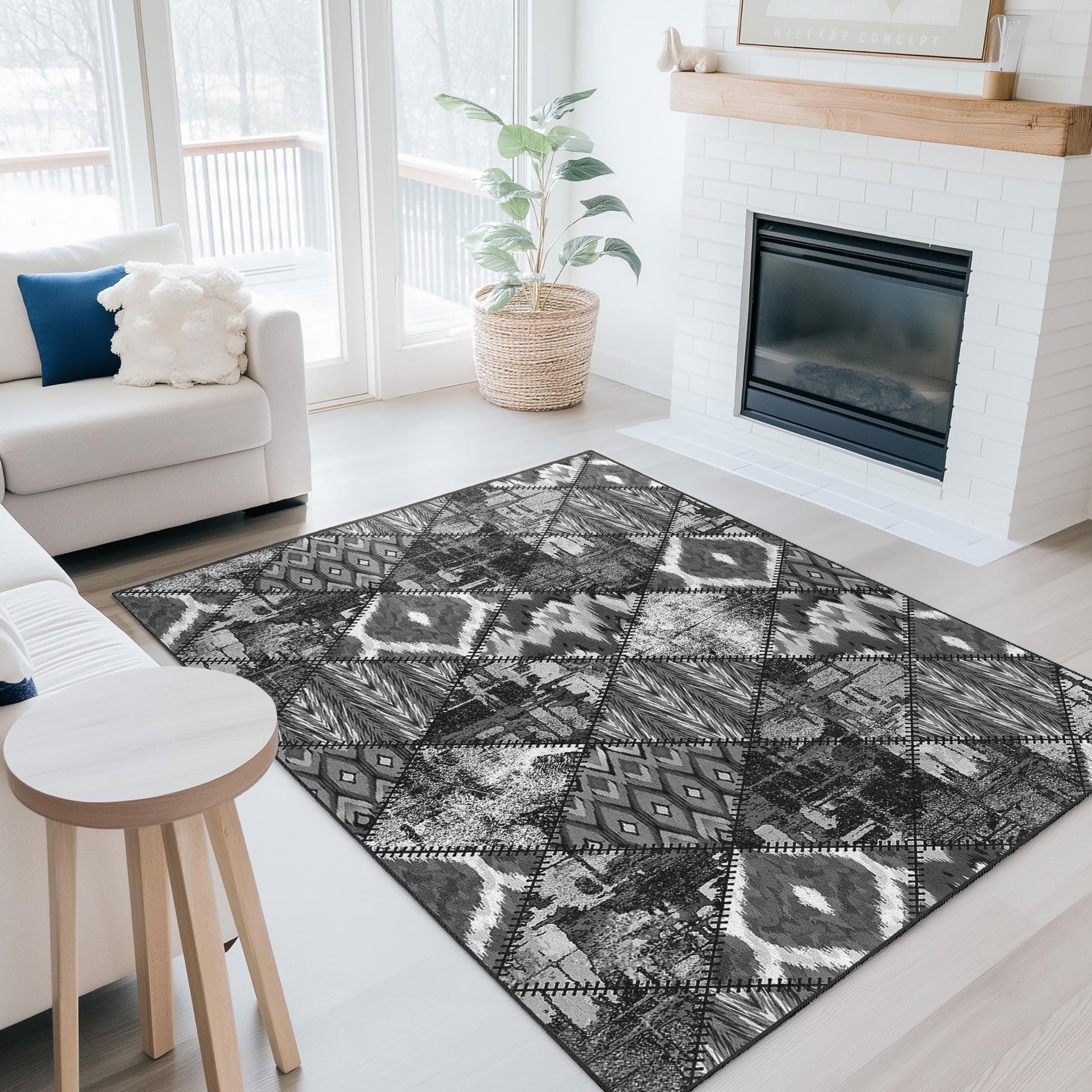 Black and White Geometric Area Rug: Modern Diamond Pattern Carpet