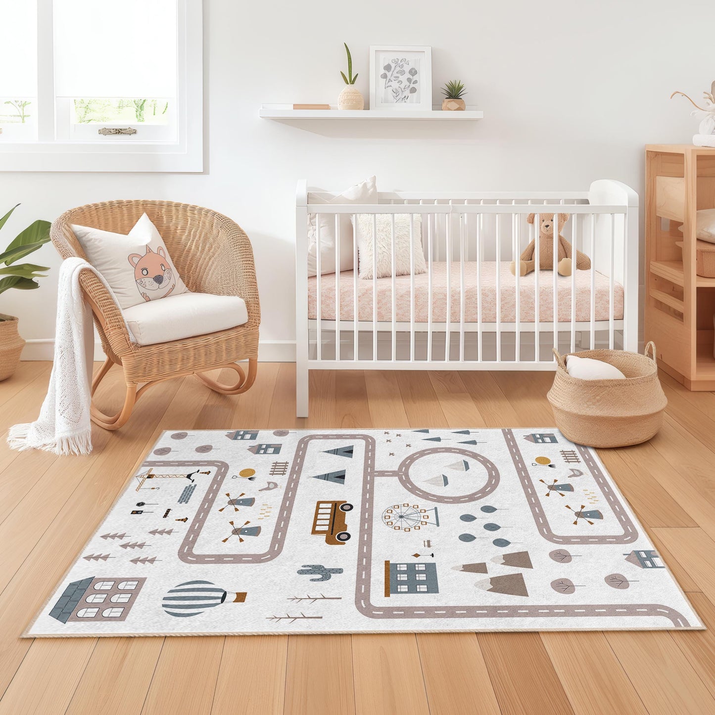 Verspielter Kinderteppich mit Straßenkartenmotiv, rechteckiger Teppich fürs Kinderzimmer, weiche Spielmatte fürs Kinderzimmer, interaktiver Spielteppich für Kinder