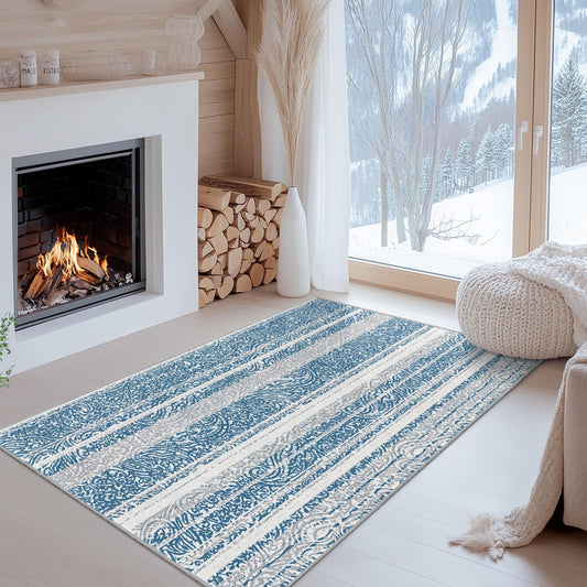Elegant Blue Striped Rectangular Area Rug, Vintage Pattern Carpet for Living Room, Decorative Floor Mat, Home Decor Essentials