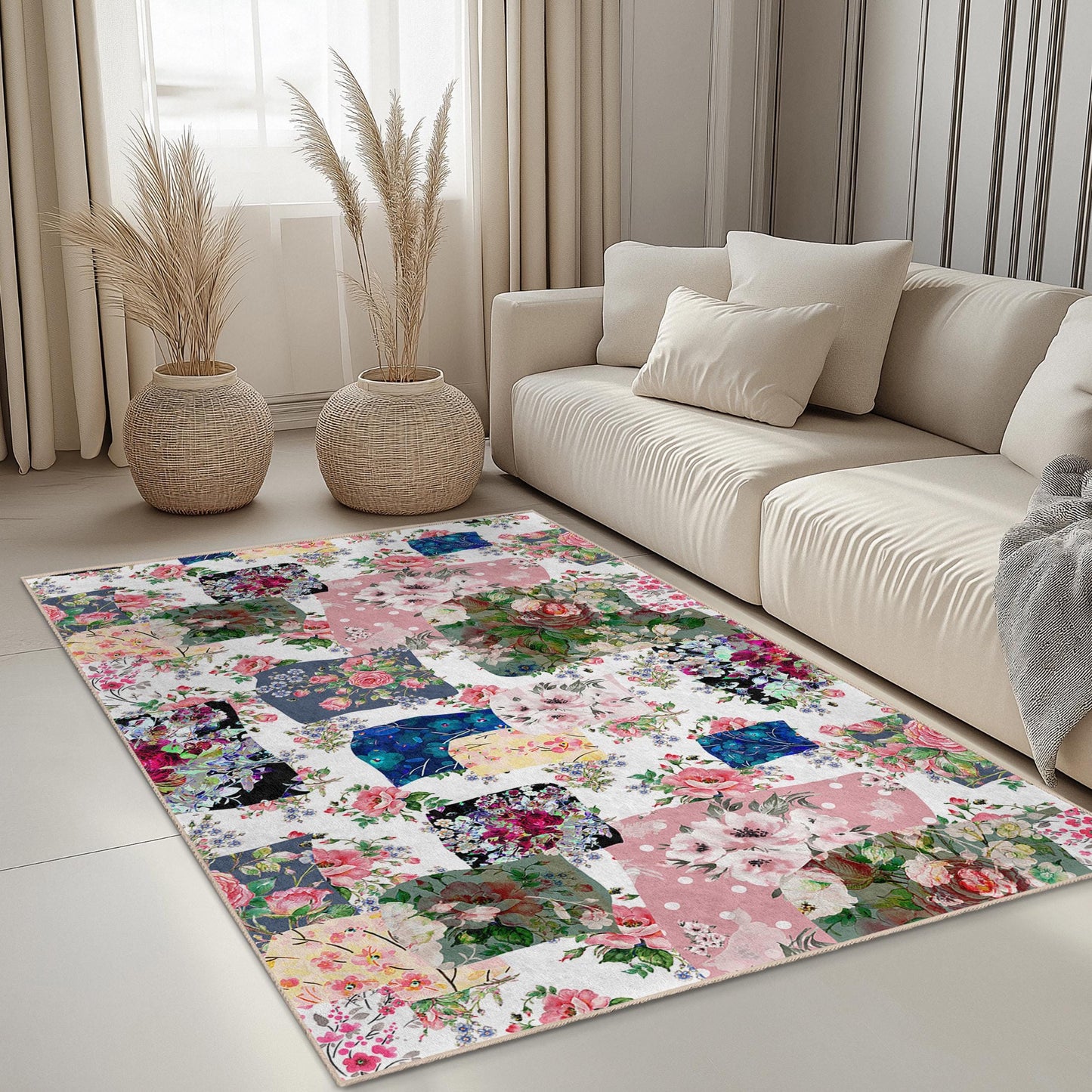 Vibrant Floral Patchwork Rectangular Area Rug, Bohemian Flower Carpet for Living Room, Soft Decorative Rug, Unique Home Decor