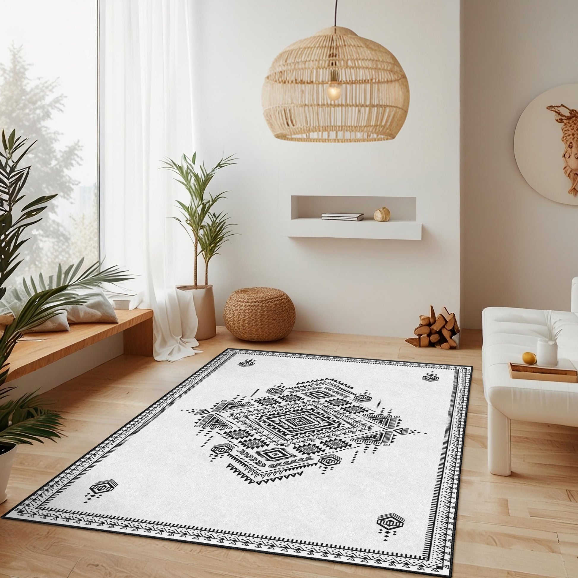 Geometric Black and White Rectangular Rug | Stylish Bohemian Area Carpet | Modern Home Decor | Chic Geometric Floor Mat