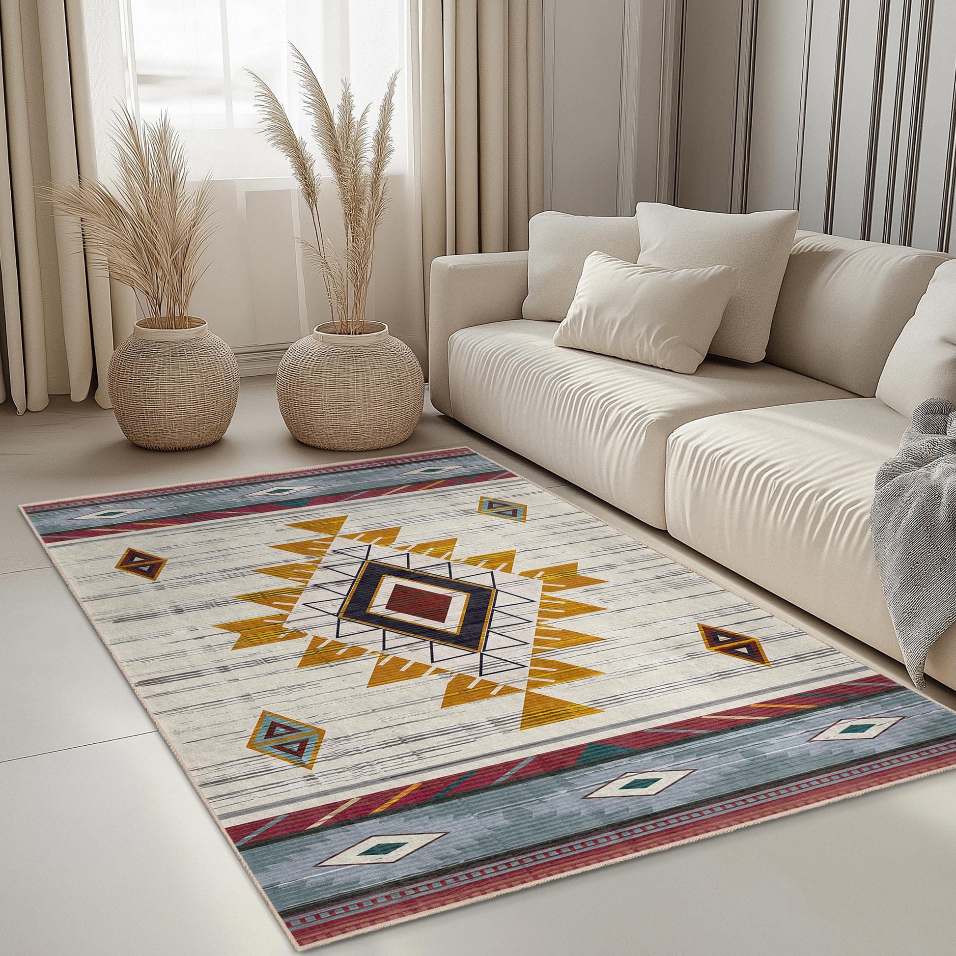 Geometric Patterned Rectangle Rug | Tribal Design Carpet for Living Room | Soft Cotton Area Mat | Stylish Home Decor