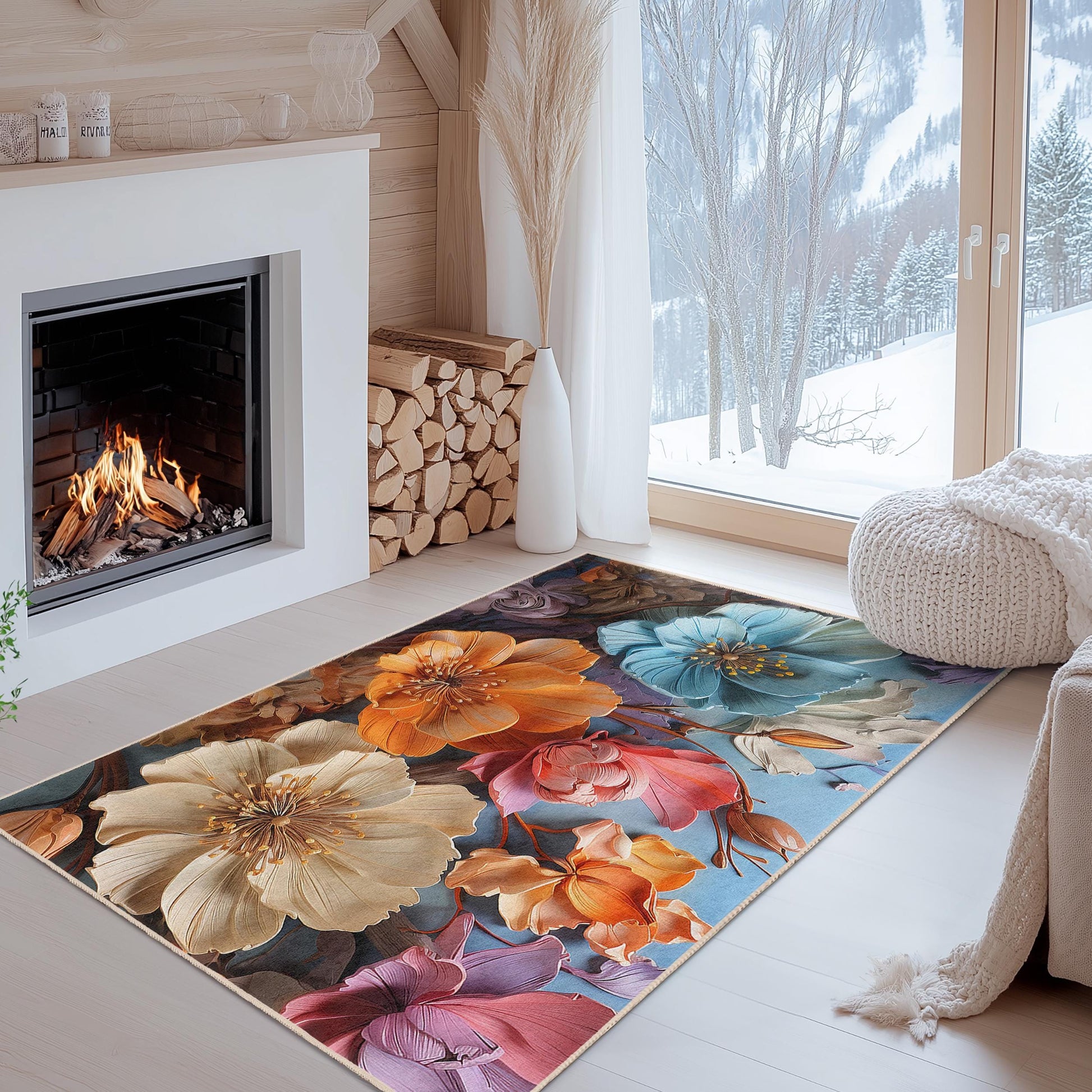 Vibrant Flower Pattern Rectangular Rug | Floral Design Area Carpet | Soft Cotton Home Decor | Elegant Flower Mat
