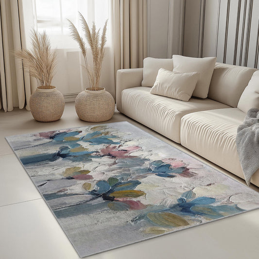 Floral Abstract Rectangle Rug | Soft Cotton Area Carpet for Living Room | Modern Home Decor | Elegant Flower Print Rug