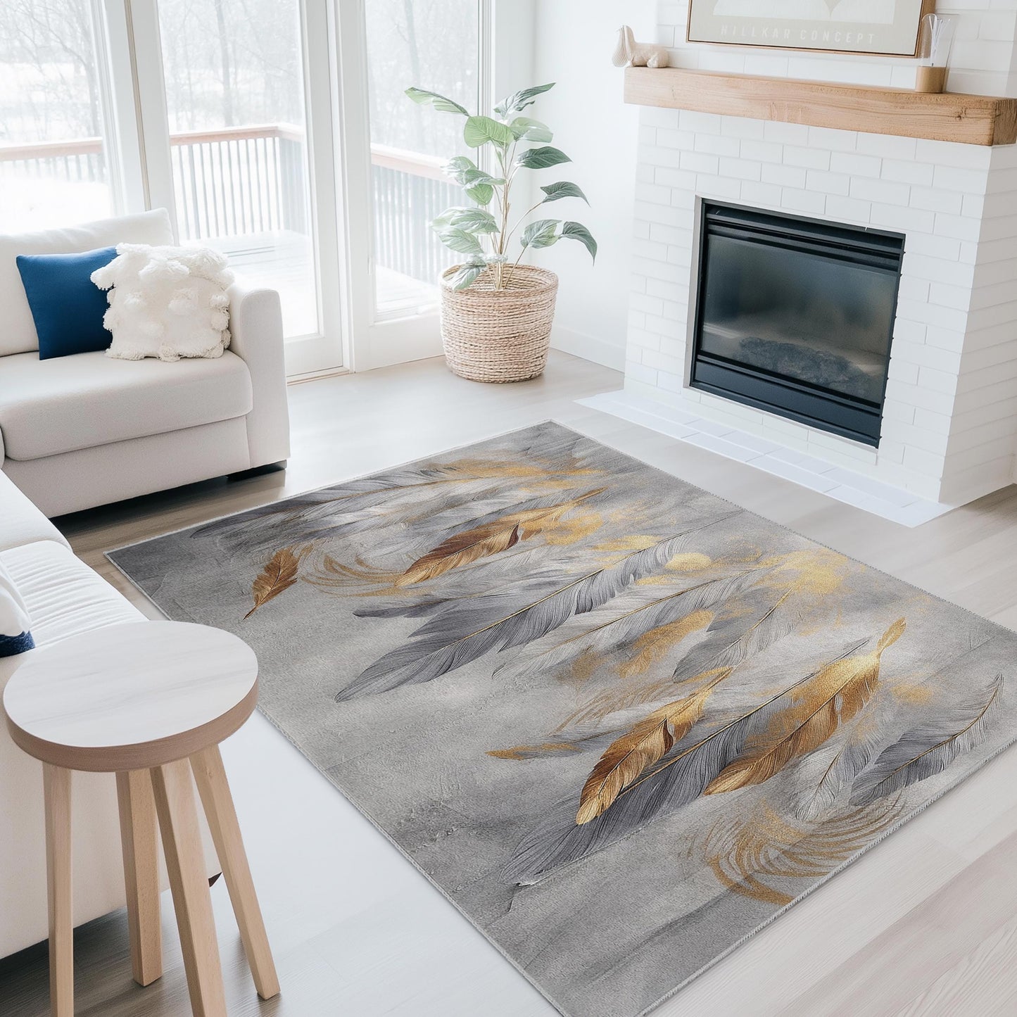 Elegant Feather Design Rectangular Area Rug | Modern Gold and Gray Home Decor | Stylish Living Room Carpet | Soft Washable Floor Mat