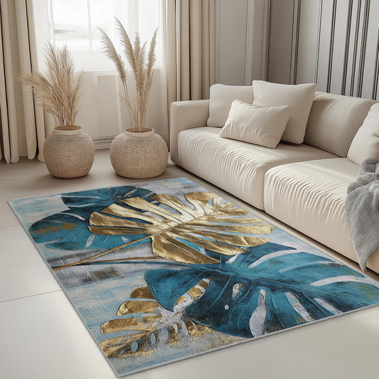 Tropical Monstera Leaf Round Rug | Stylish Boho Decor for Living Room | Soft Washable Area Carpet | Elegant Home Accent