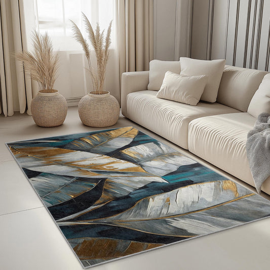 Gold Leaf Design Rectangular Area Rug | Elegant Monochrome Leaf Carpet | Modern Home Decor | Stylish Living Room Mat