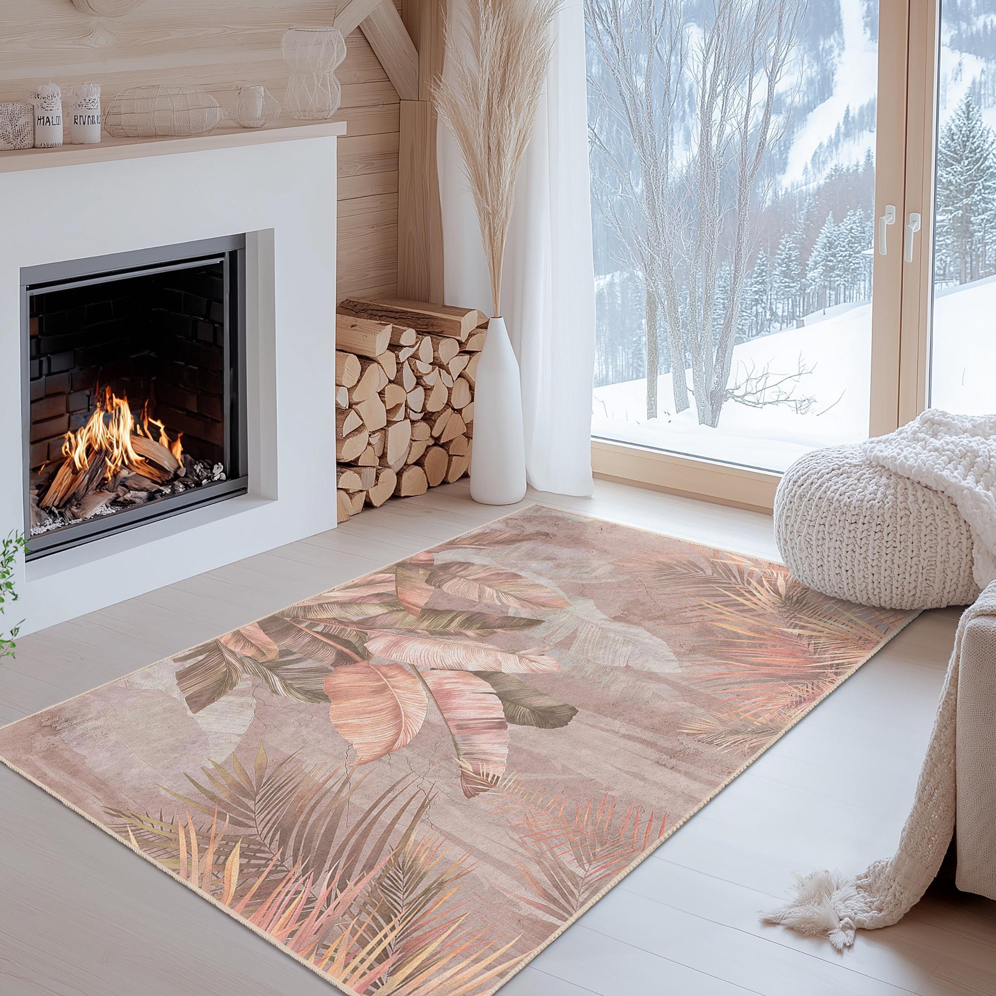 Tropical Leaves Pattern Rectangular Rug | Soft Cotton Area Carpet | Elegant Living Room Decor | Beautiful Botanical Floor Mat