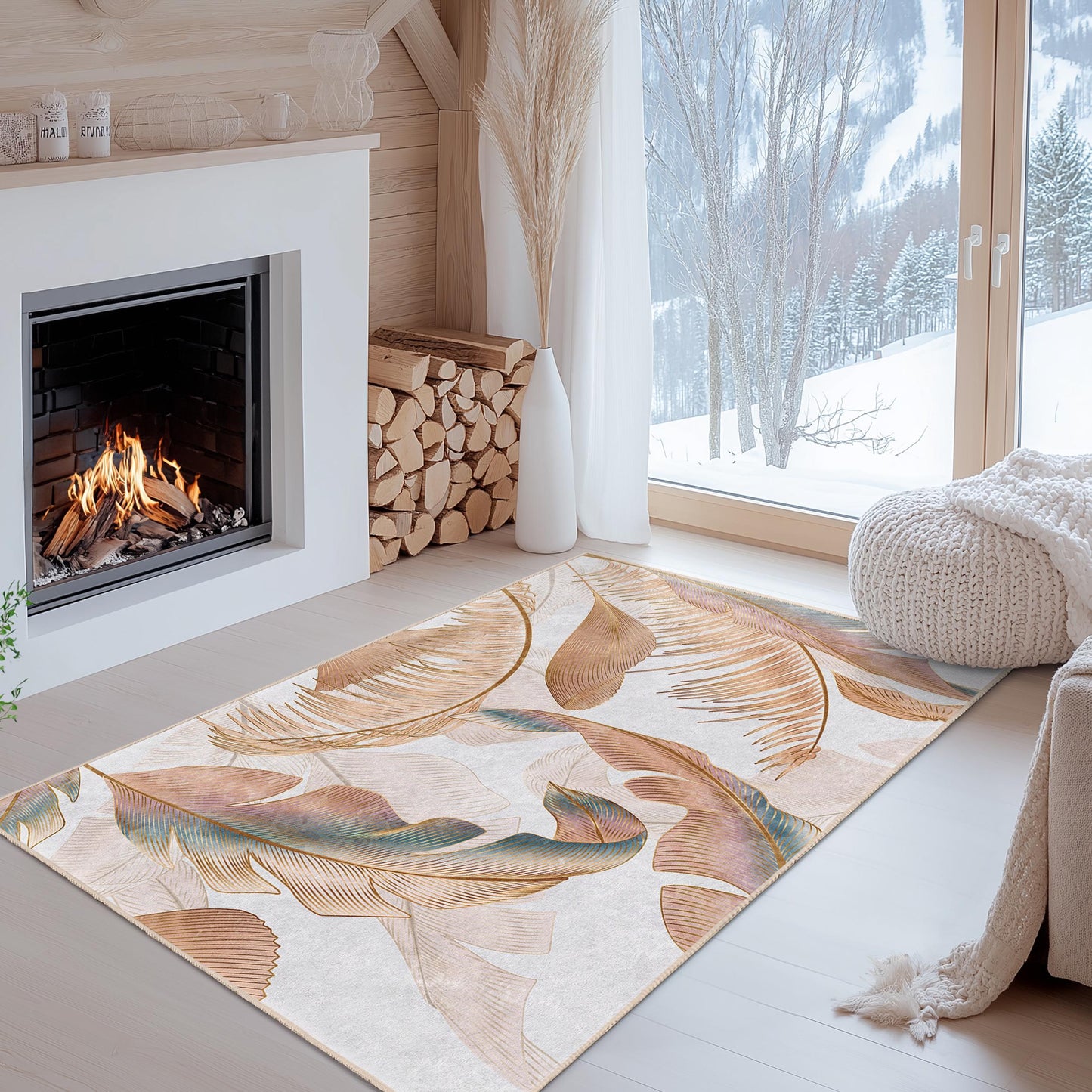 Tropical Leaves Pattern Rectangular Area Rug | Elegant Living Room Carpet | Soft Decorative Floor Mat for Home Decor