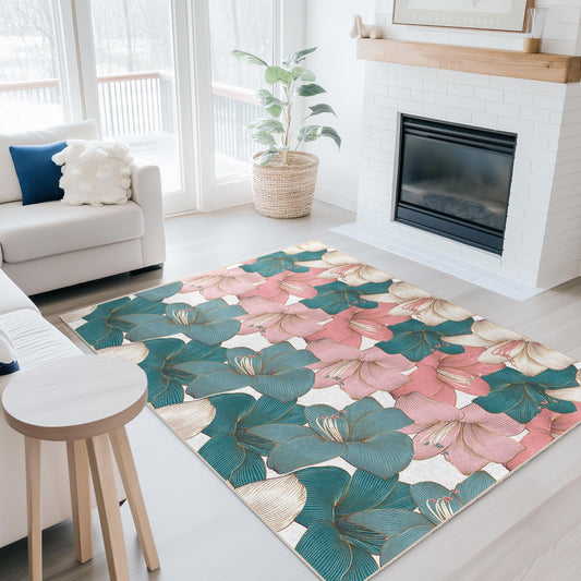 Soft Cotton Living Room Carpet | Elegant Floral Pattern Rectangular Rug | Decorative Area Rug for Home Decor | Vibrant Flower Design