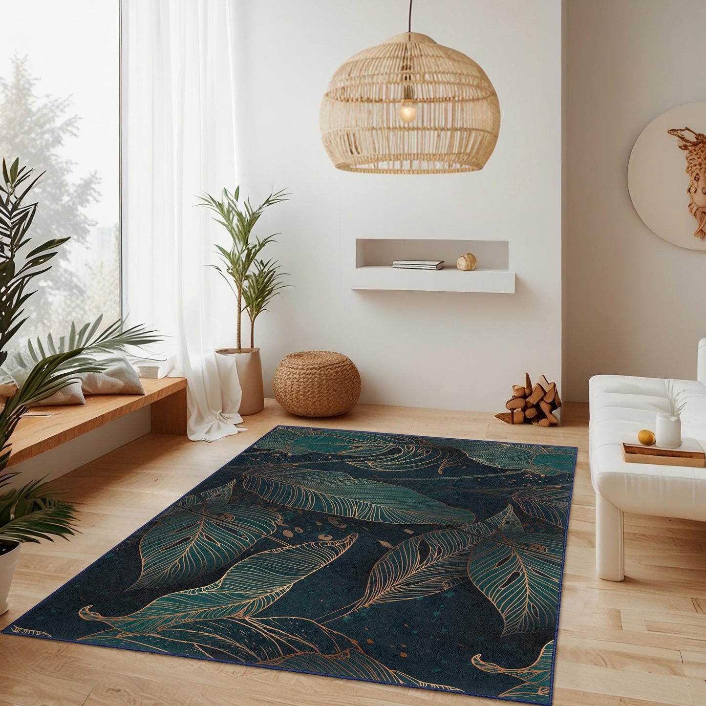 Eleganter rechteckiger Teppich mit Blattmuster | Moderne Wohnzimmergestaltung | Weicher Baumwollteppich für Zuhause | Stilvoller Teppich für den Innenbereich