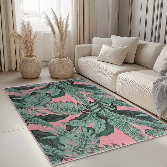Tropical Leaf Print Decorative Rectangular Area Rug | Stylish Living Room Carpet | Soft and Washable Home Decor