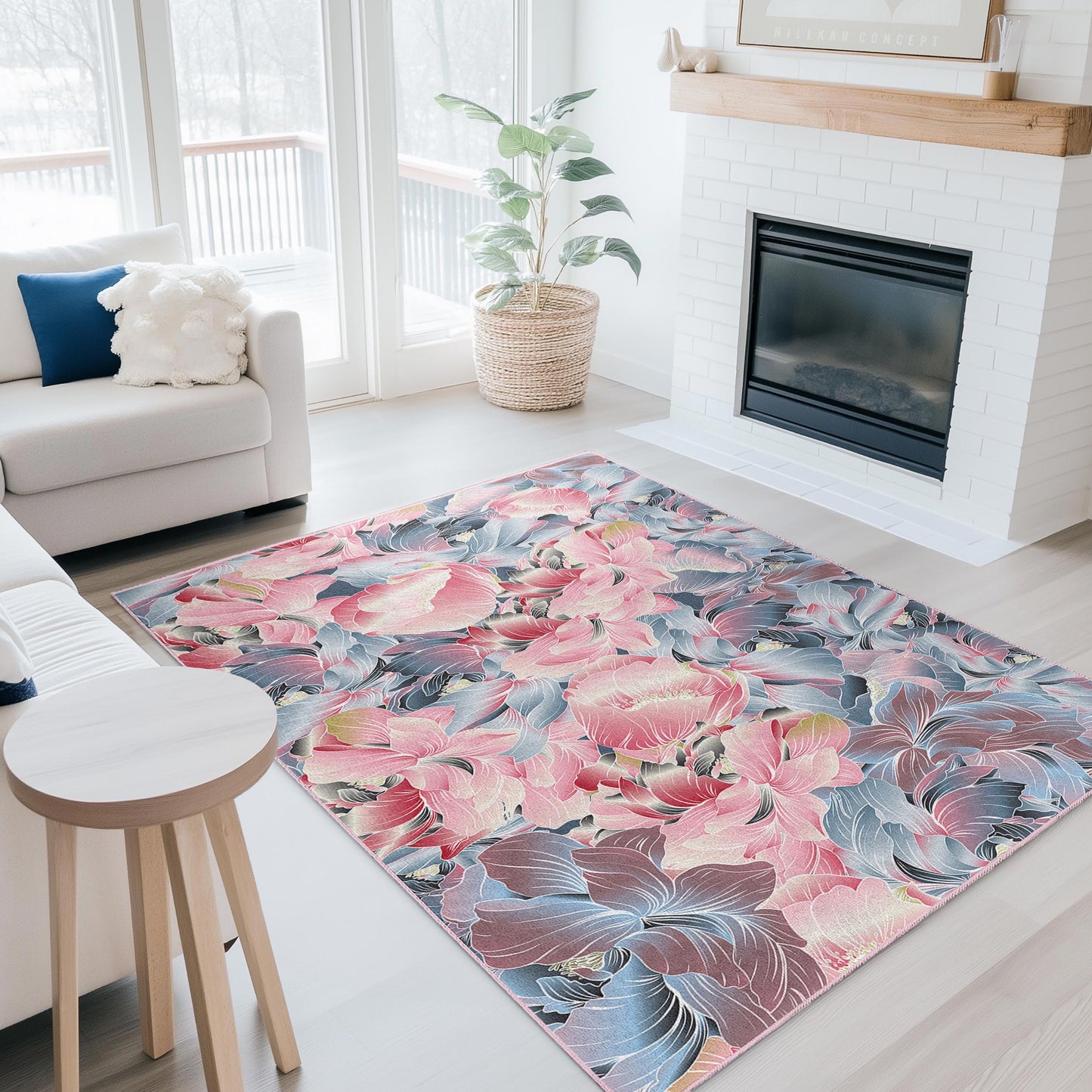 Floral Design Rectangular Area Rug | Elegant Living Room Carpet | Soft Cotton Decorative Mat | Vibrant Flower Pattern Rug