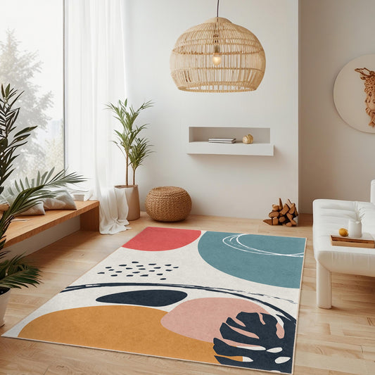 Trendy Home Decor | Colorful Leaf Pattern Rectangular Area Rug | Modern Living Room Carpet | Easy Clean Decorative Mat