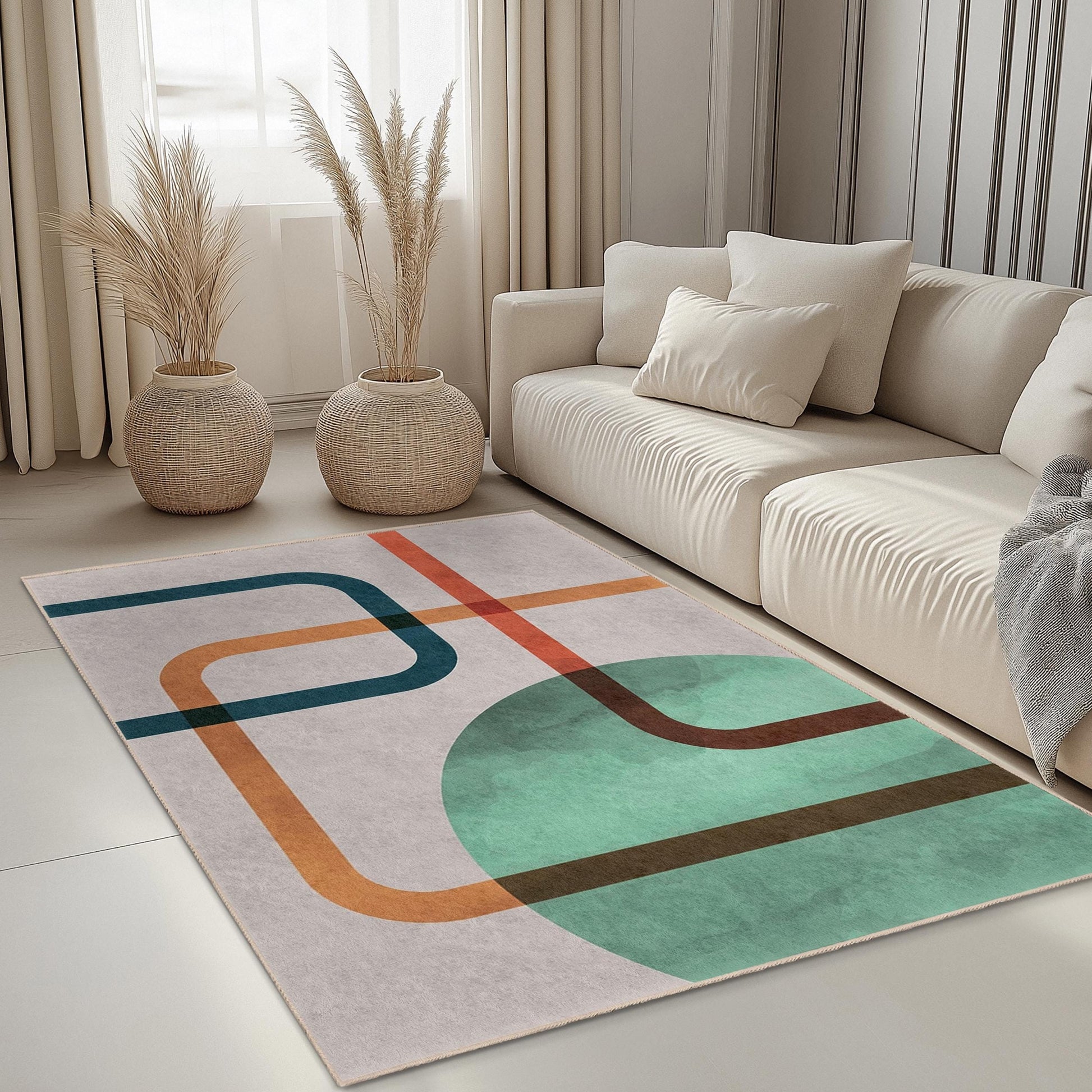 Soft and Easy-Clean Decor | Abstract Line Pattern Washable Rectangle Area Rug | Modern Living Room Carpet |