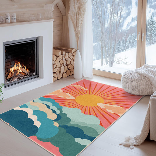 Sunrise Clouds Rectangular Area Rug, Colorful Cloud Design Rug, Bright Decorative Rug for Living Room, Bedroom, Home Decor