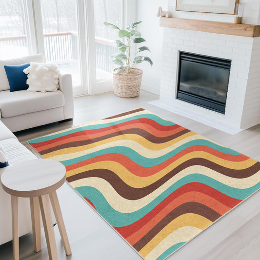 Retro Waves Geometric Area Rug, Colorful Rectangular Carpet, Modern Home Decor, Living Room Rug, Boho Style Floor Mat