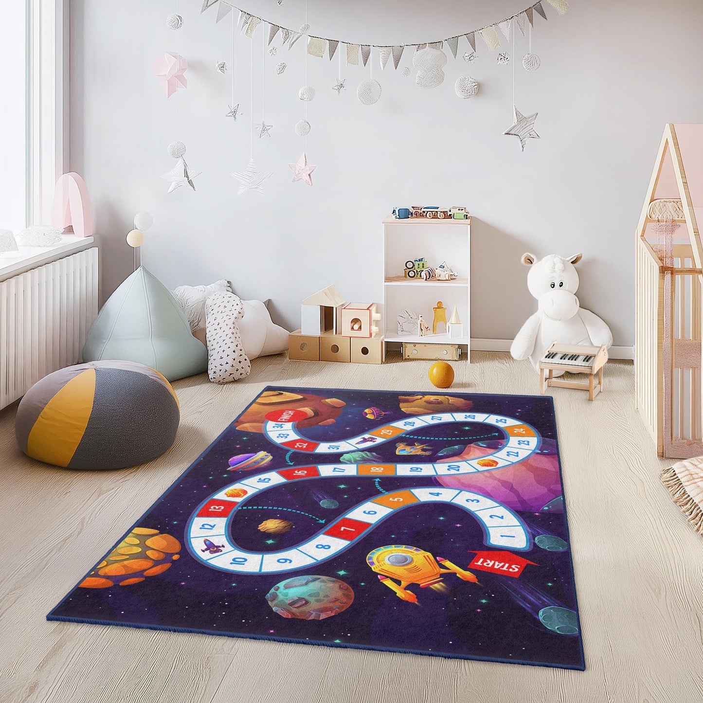 Weltraum-Abenteuer-Spielteppich für Kinder, rechteckiger Teppich mit Weltraummotiv, Spielzimmerteppich für Kinder, kosmische Spielmatte, Kinderzimmerdekoration