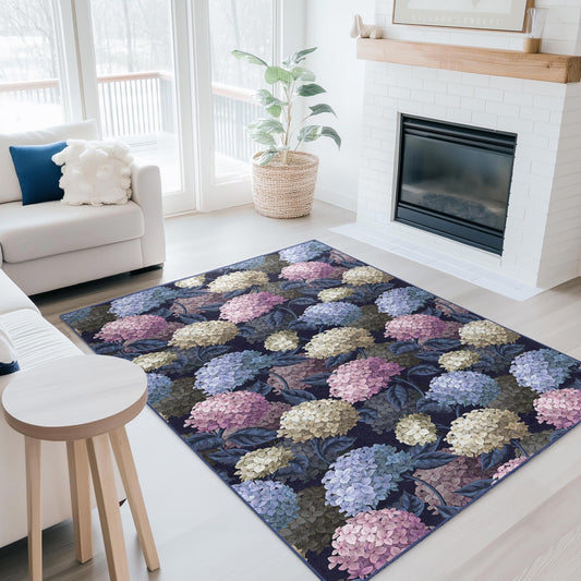 Hydrangea Floral Rectangular Area Rug, Elegant Flower Pattern Carpet, Home Decor Rug, Vintage Style Rug for Living Room