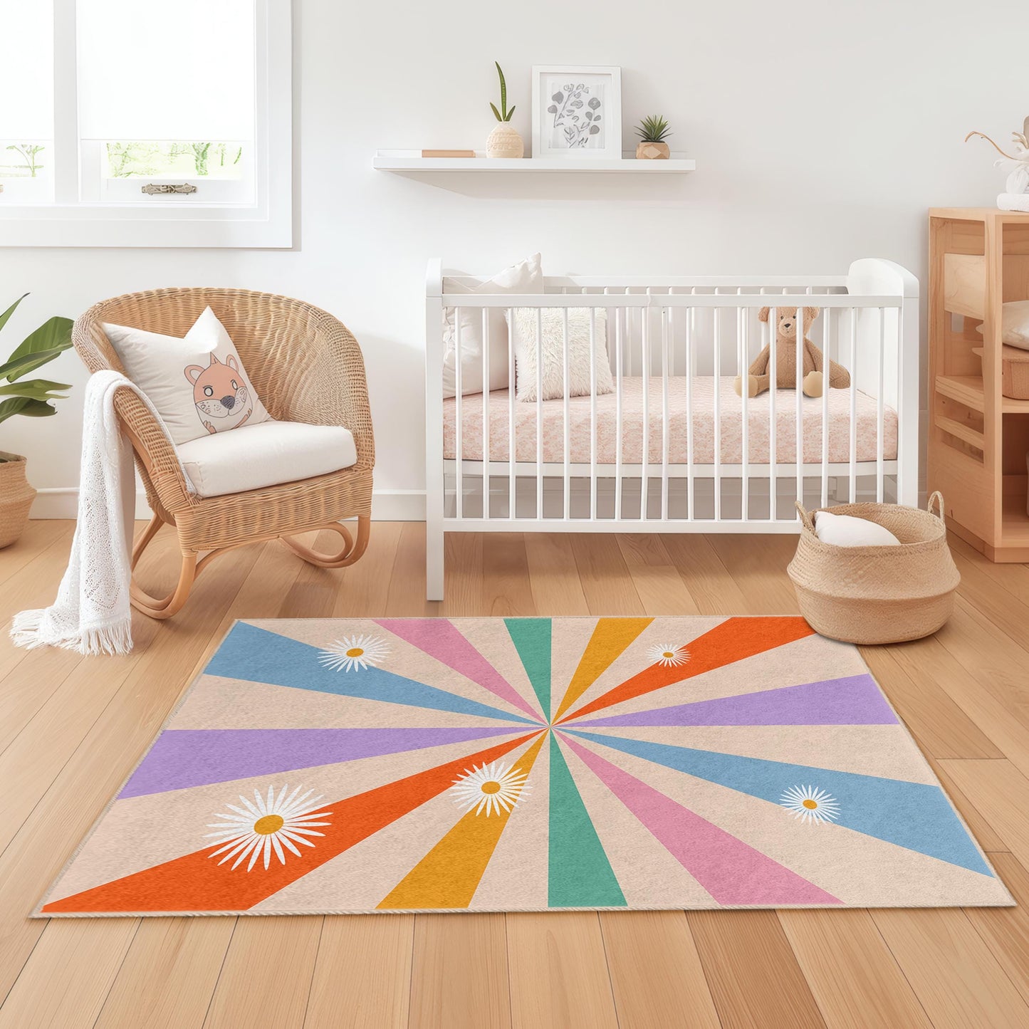 Bunter Kinderteppich mit Sonnenmuster, rechteckiger Spielzimmerteppich, Kinderzimmerteppich mit Blumenmuster, moderne Kinderzimmerdekoration