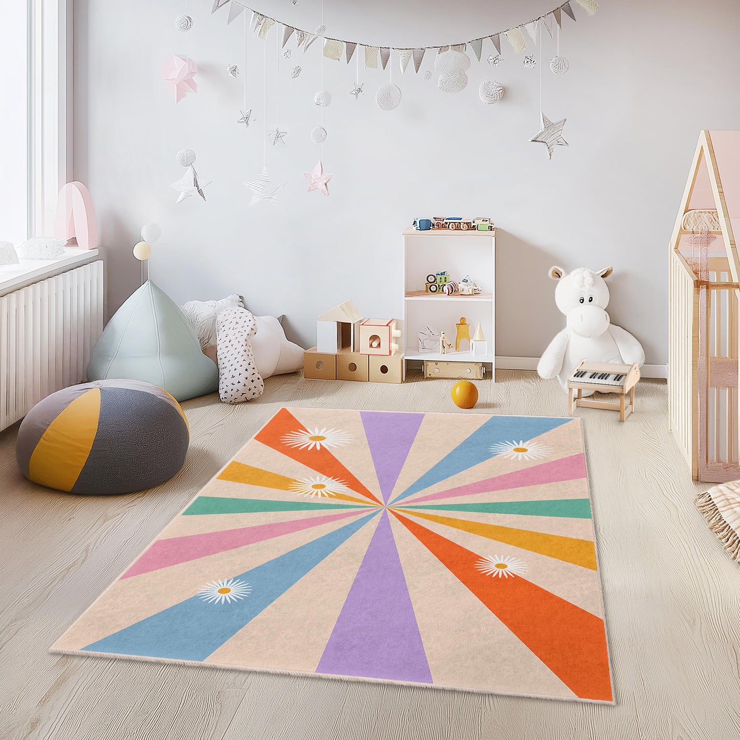 Bunter Kinderteppich mit Sonnenmuster, rechteckiger Spielzimmerteppich, Kinderzimmerteppich mit Blumenmuster, moderne Kinderzimmerdekoration