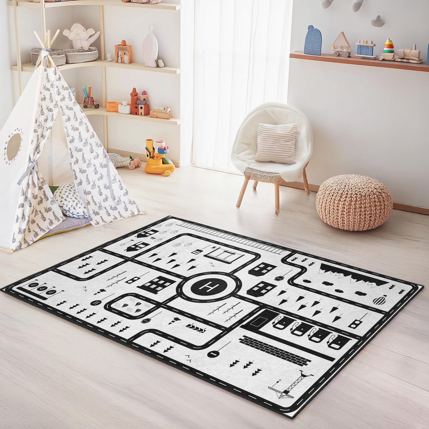 Stadtplan-Spielteppich für Kinder, interaktiver schwarz-weißer Kinderteppich, rechteckige Spielmatte, Kinderzimmerdekoration, Lernteppich für Kinder