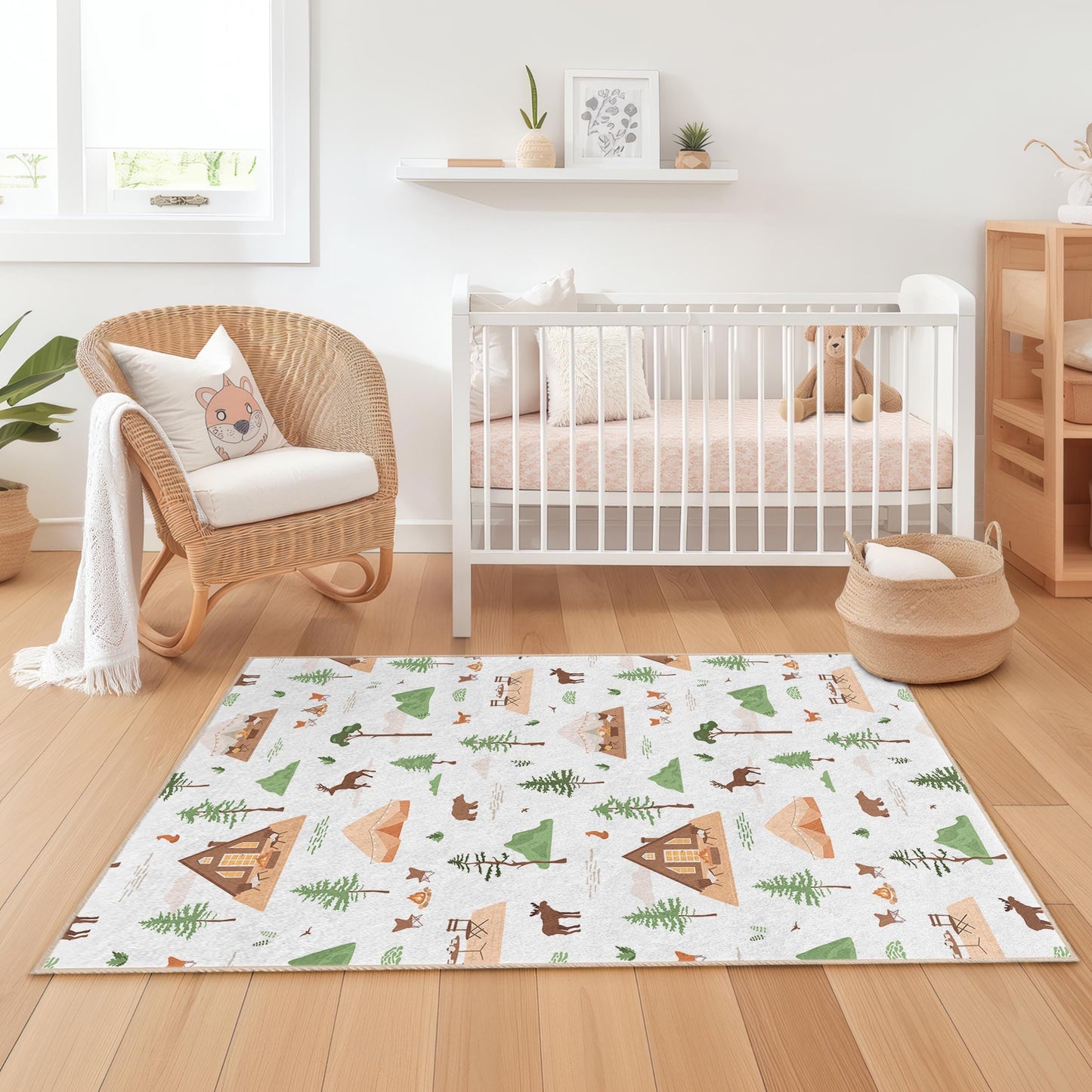 Waldabenteuer-Spielteppich für Kinder, rechteckige Spielmatte, Naturmotiv-Kinderzimmerteppich, Lagerfeuer-Kinderzimmerdeko, Waldtier-Teppich