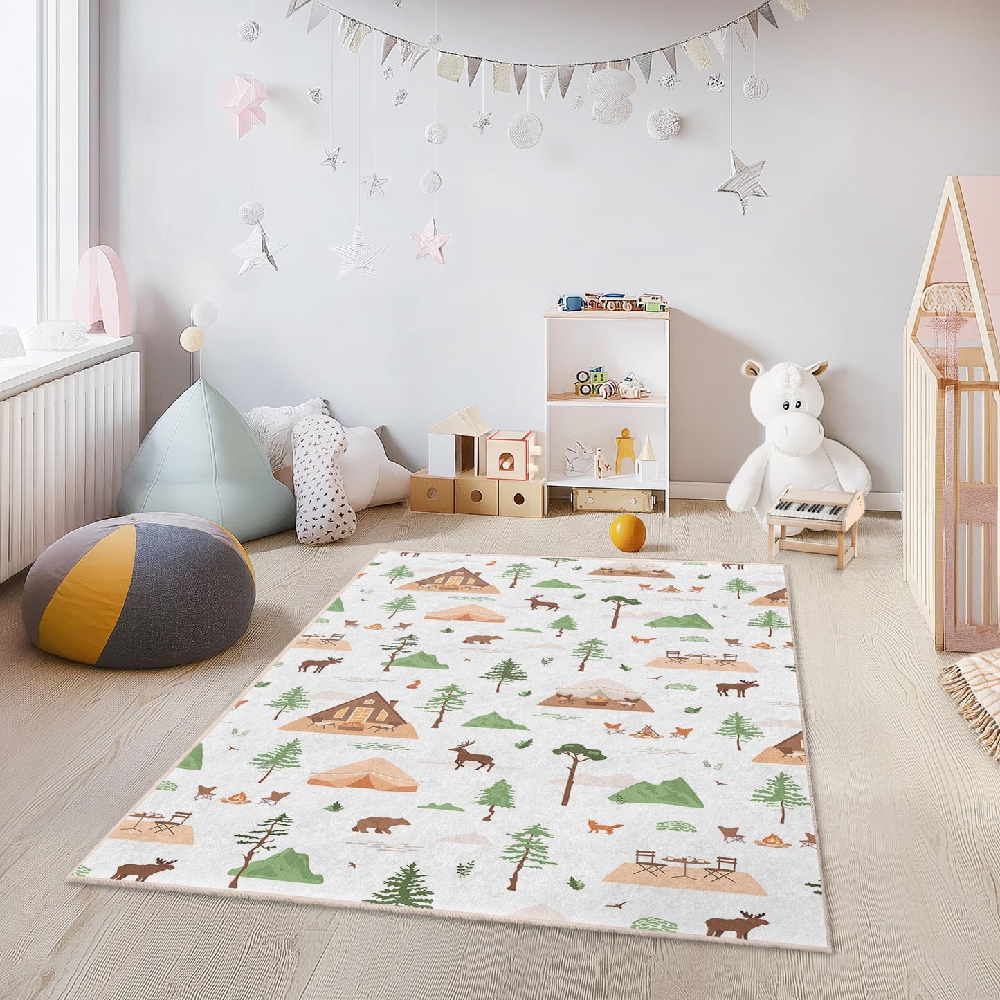 Waldabenteuer-Spielteppich für Kinder, rechteckige Spielmatte, Naturmotiv-Kinderzimmerteppich, Lagerfeuer-Kinderzimmerdeko, Waldtier-Teppich