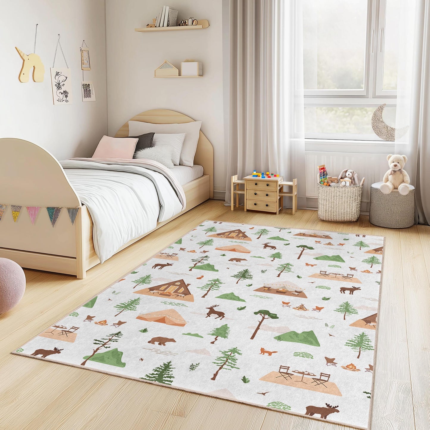 Waldabenteuer-Spielteppich für Kinder, rechteckige Spielmatte, Naturmotiv-Kinderzimmerteppich, Lagerfeuer-Kinderzimmerdeko, Waldtier-Teppich