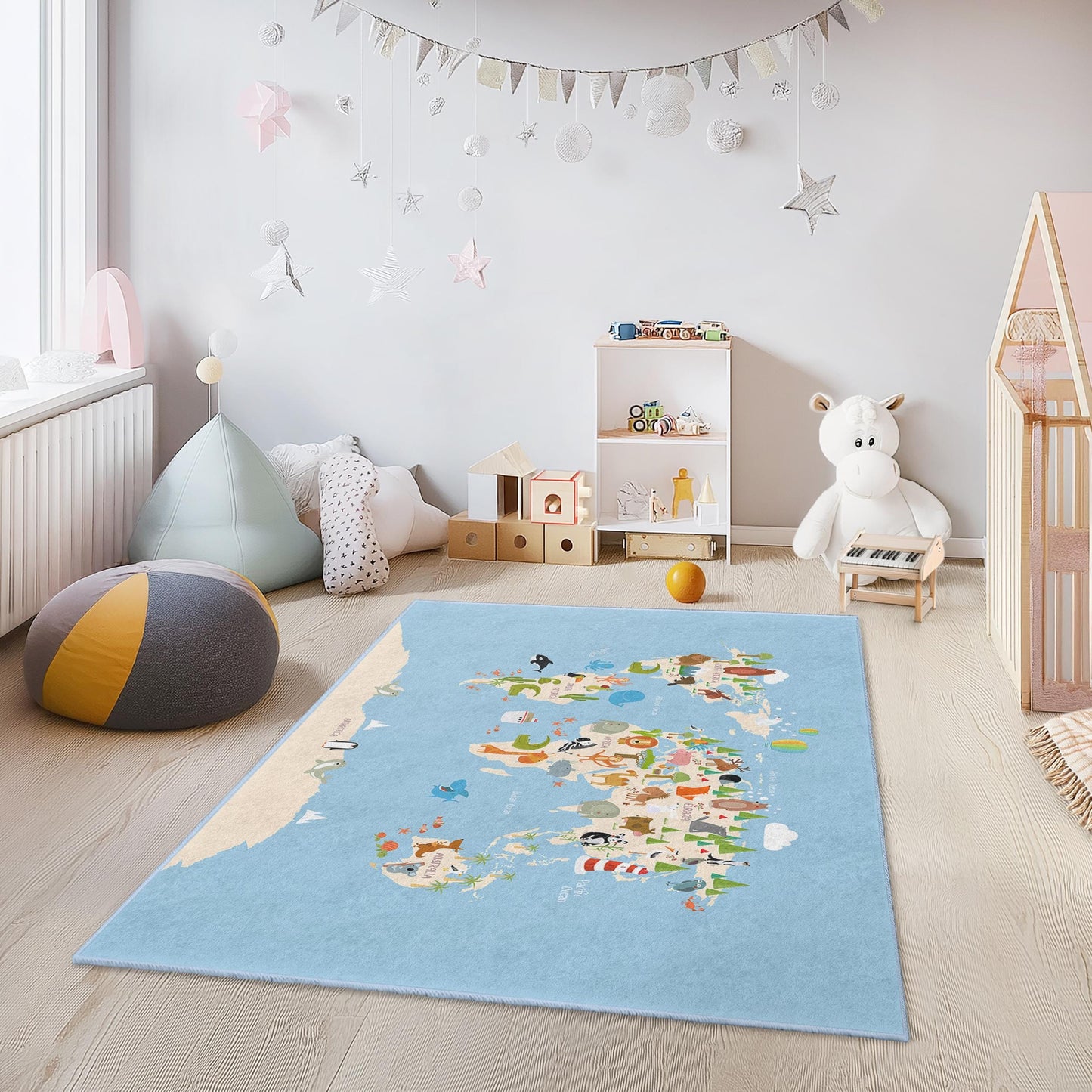 Weltkarten-Spielteppich für Kinder, interaktiver Lernteppich mit Tiermotiven, rechteckige Spielzimmerdekoration, pädagogischer Kinderteppich