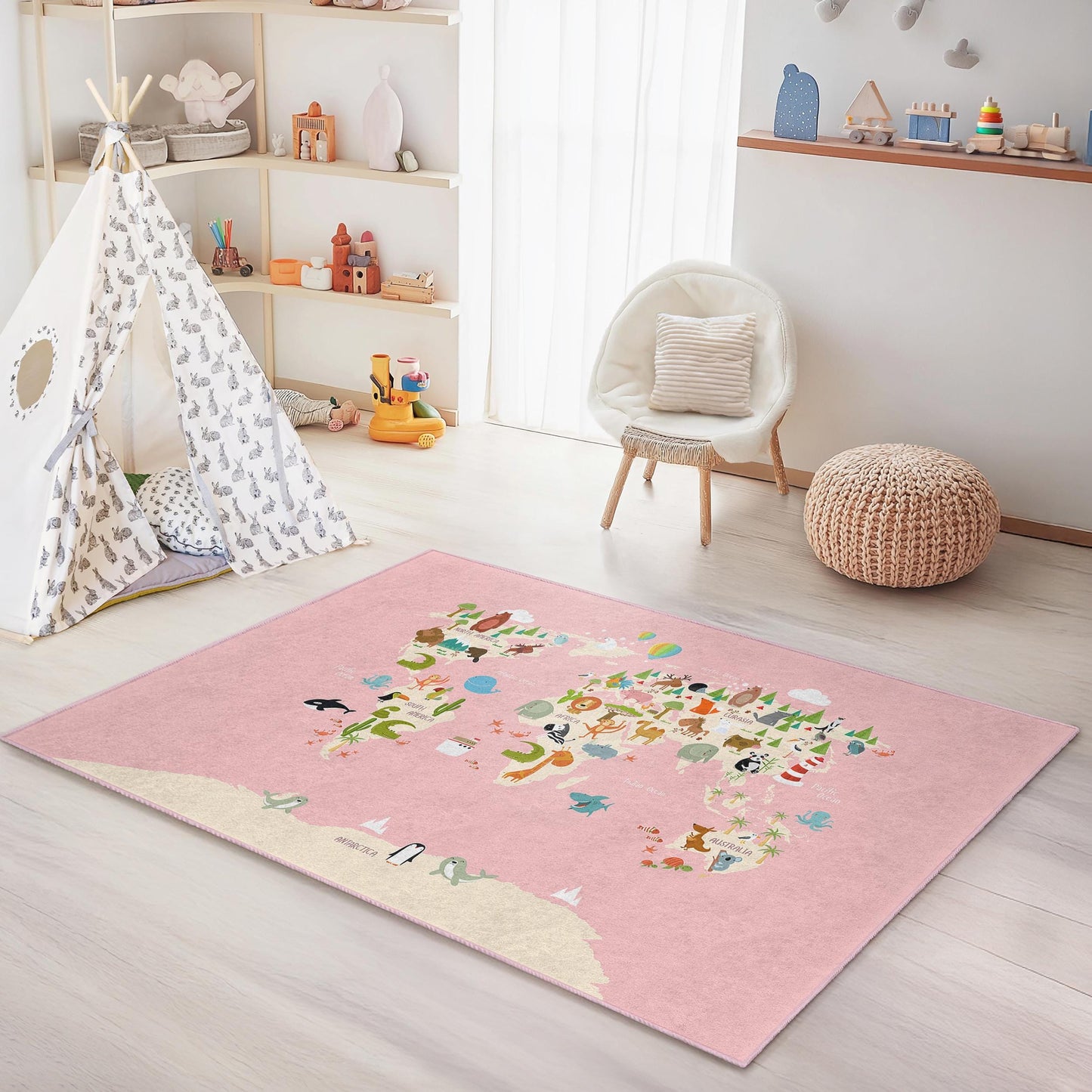 Rosa Spielteppich mit Tiermotiven, rechteckig, für Kinder, niedliches Tierdesign, Kinderzimmerdeko, weicher Kinderteppich