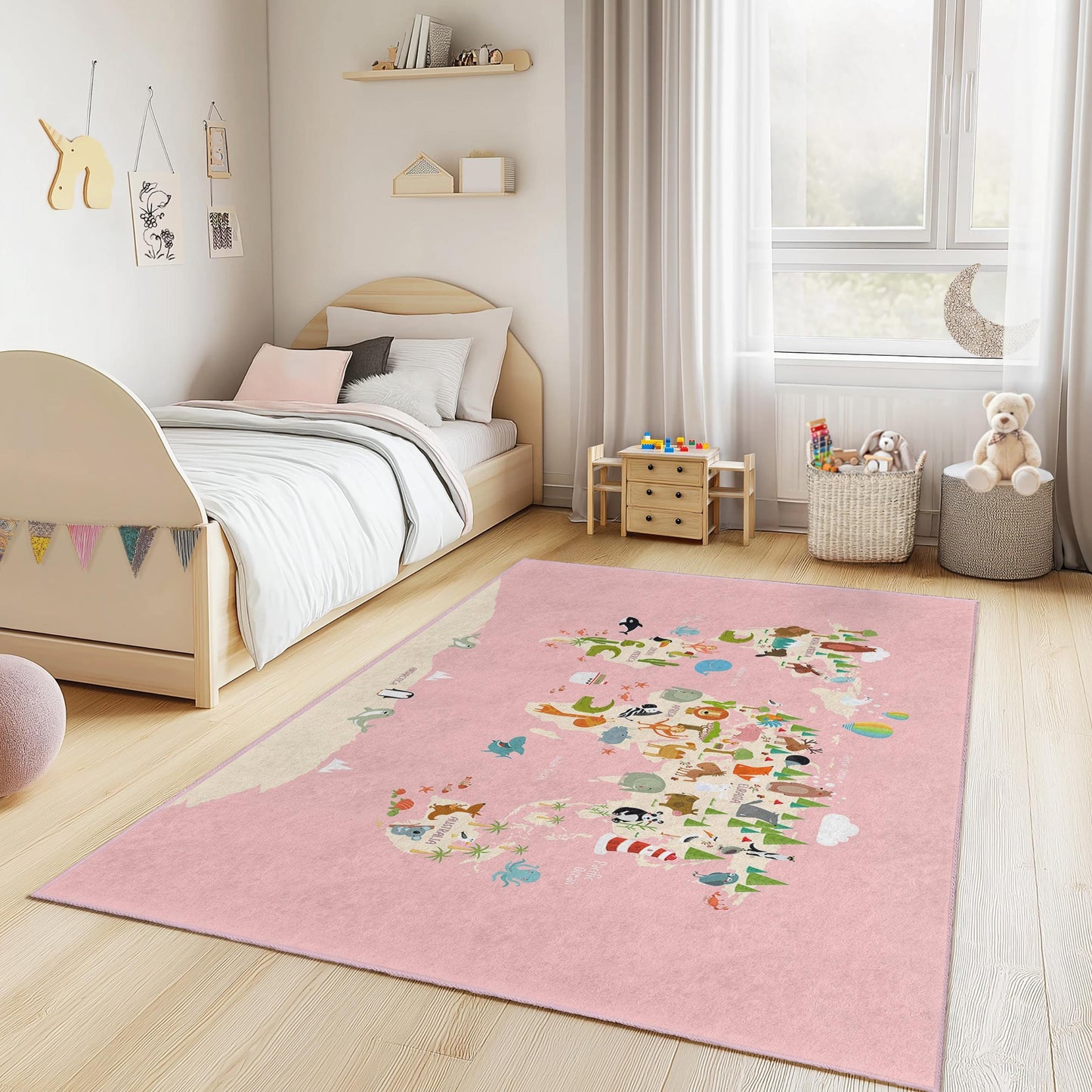 Rosa Spielteppich mit Tiermotiven, rechteckig, für Kinder, niedliches Tierdesign, Kinderzimmerdeko, weicher Kinderteppich