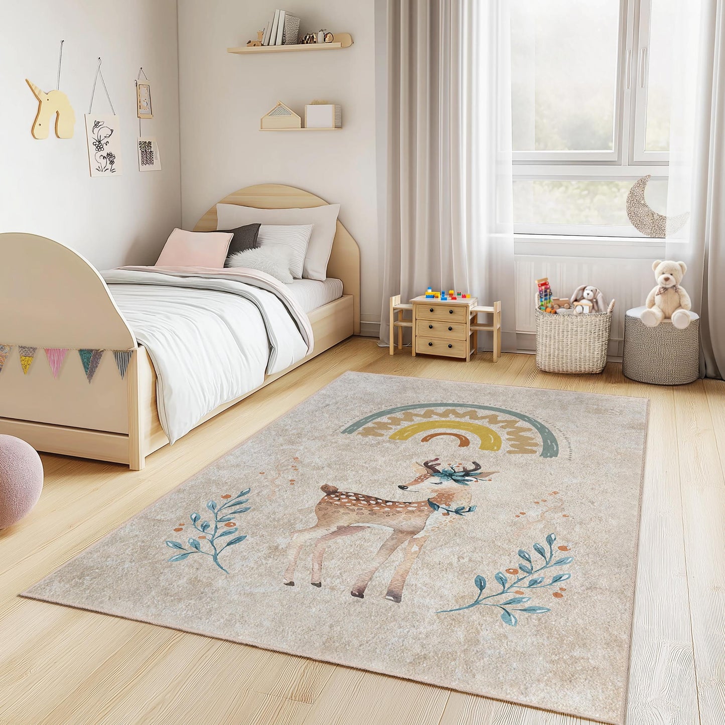Niedlicher Reh- und Regenbogen-Kinderteppich, rechteckiger Spielzimmerteppich, Kinderzimmerdekoration, weiche Spielmatte fürs Kinderzimmer