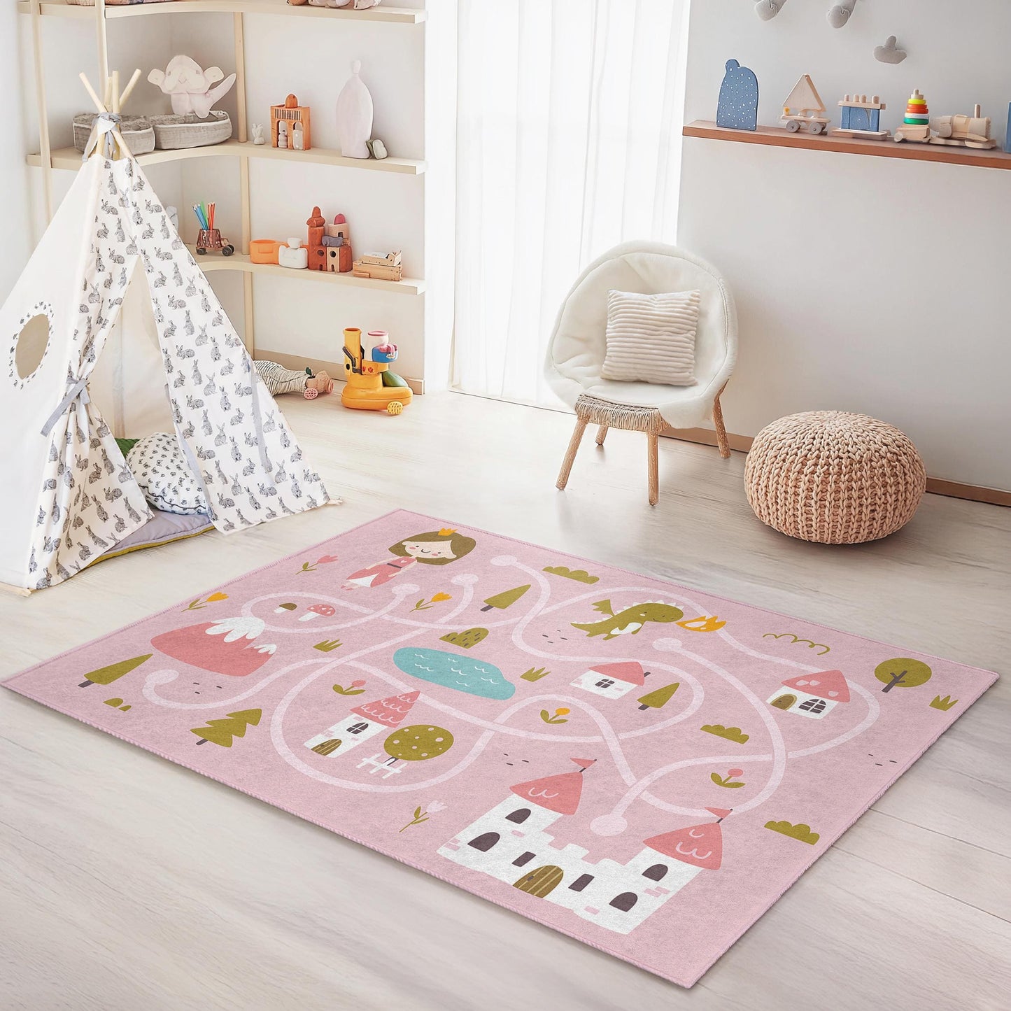 Prinzessinnenschloss-Abenteuer-Spielteppich für Kinder, rosa Spielmatte für Mädchen, rechteckiger Märchenteppich, Kinderzimmerdeko, Spielzimmerteppich
