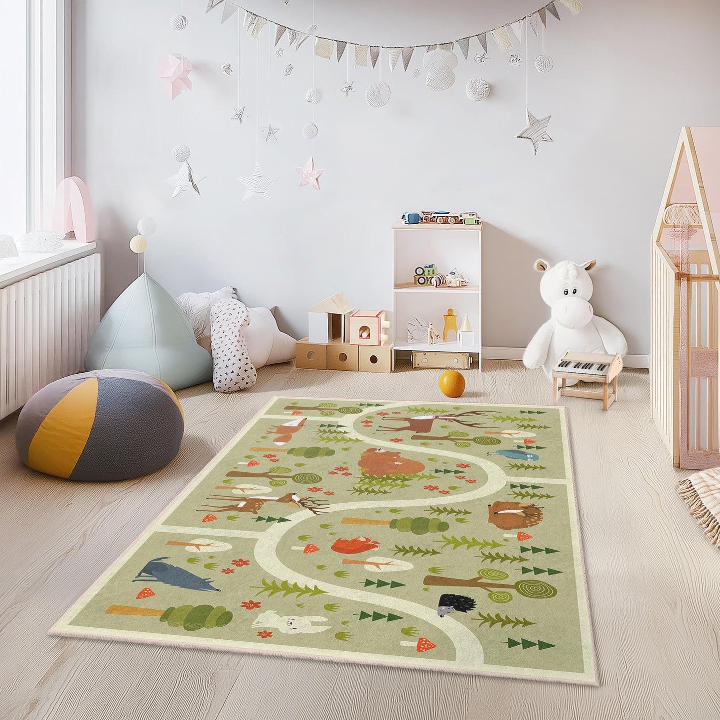 Spielteppich mit verspielten Waldtieren für Kinder, bezaubernder rechteckiger Teppich fürs Kinderzimmer, Naturmotiv-Kinderteppich, Spielzimmerdekoration