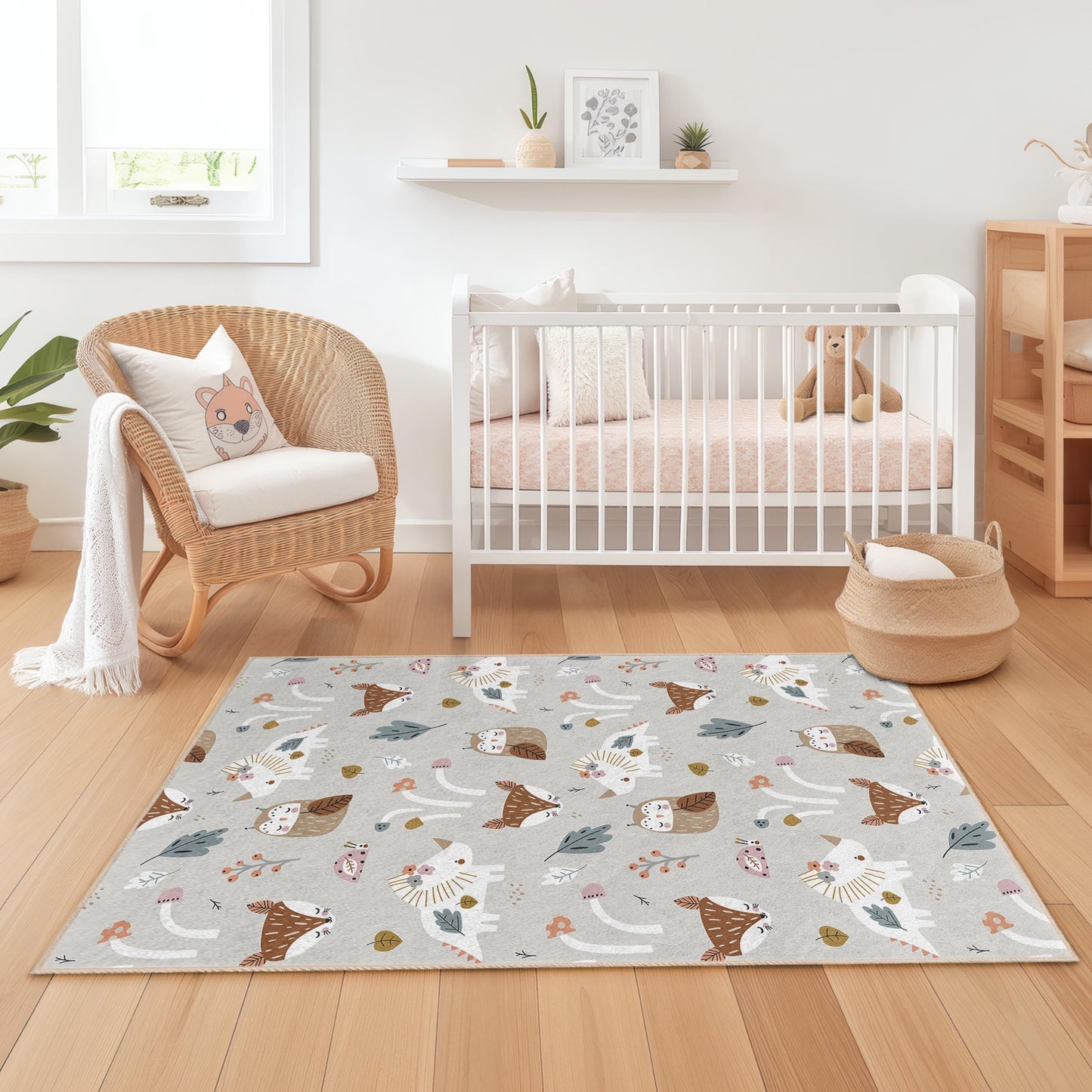 Verspielter Waldtier-Kinderteppich, rechteckiger Spielzimmerteppich, niedliche Kinderzimmerdekoration, Kinderteppich, weiche Spielmatte für Kinder