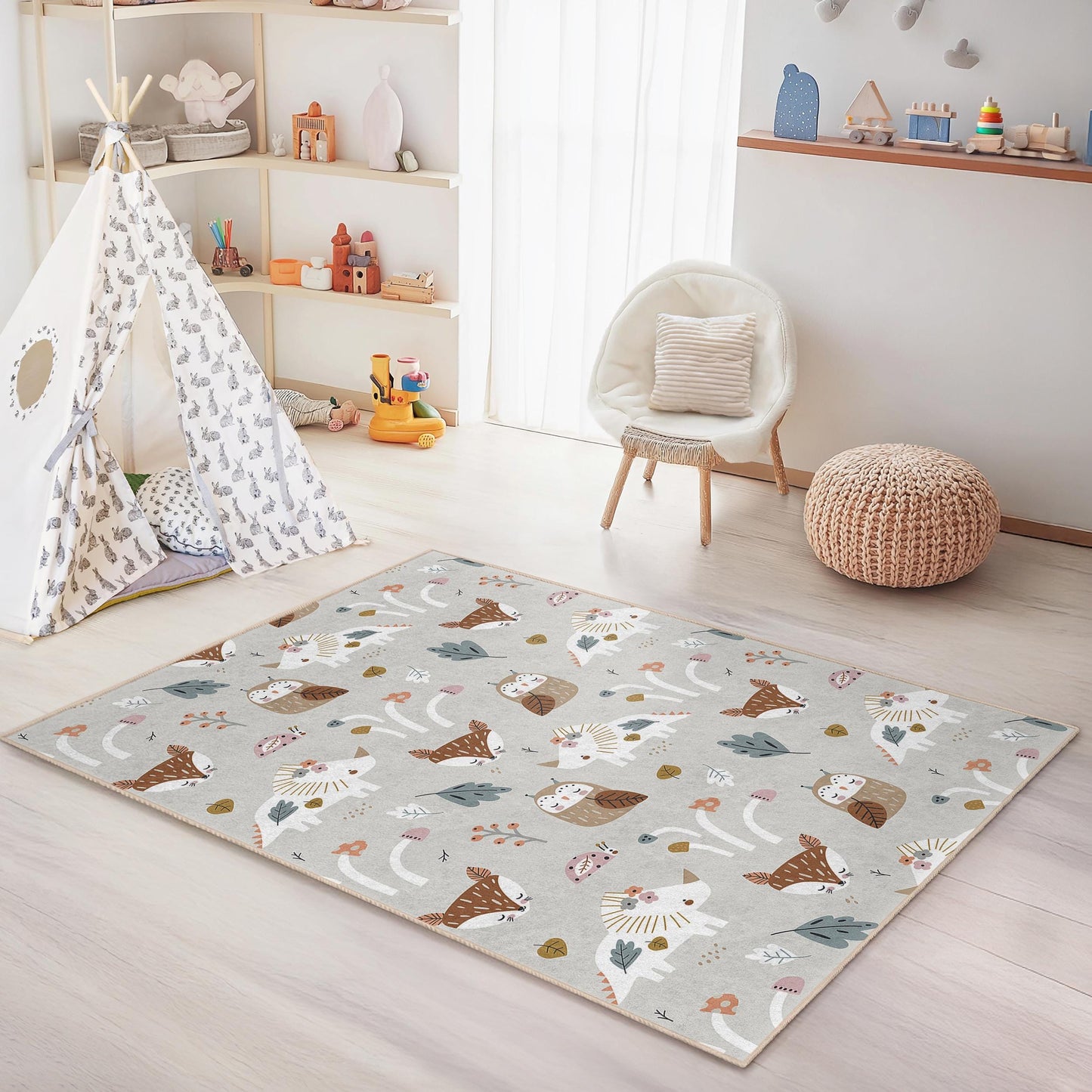 Verspielter Waldtier-Kinderteppich, rechteckiger Spielzimmerteppich, niedliche Kinderzimmerdekoration, Kinderteppich, weiche Spielmatte für Kinder