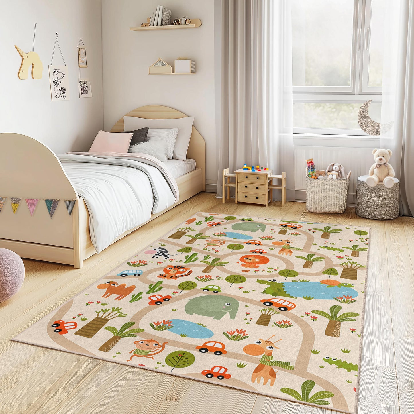 Spielteppich mit Tiermotiven, rechteckiger Kinderteppich, Spielzimmerteppich, Safari-Teppich, Kinderzimmerdeko, gemütliche Spielmatte