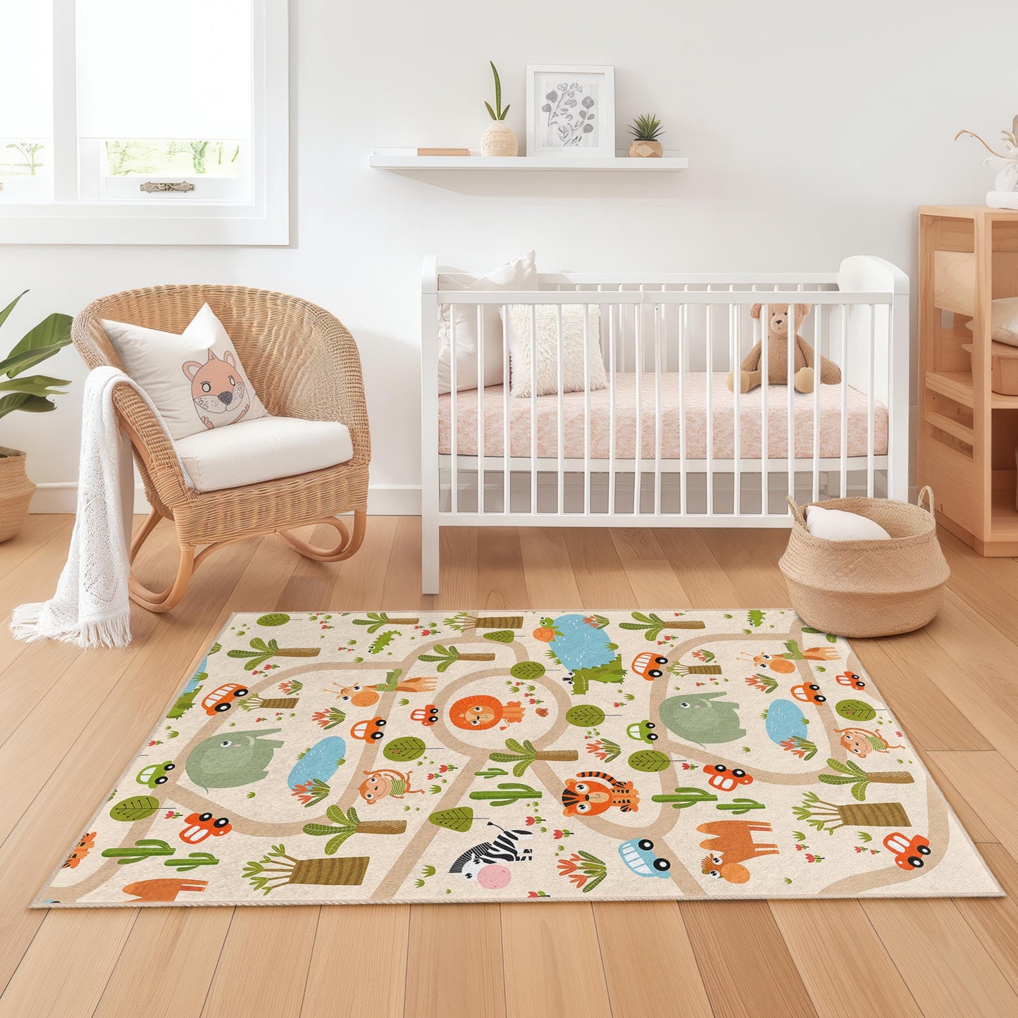 Spielteppich mit Tiermotiven, rechteckiger Kinderteppich, Spielzimmerteppich, Safari-Teppich, Kinderzimmerdeko, gemütliche Spielmatte