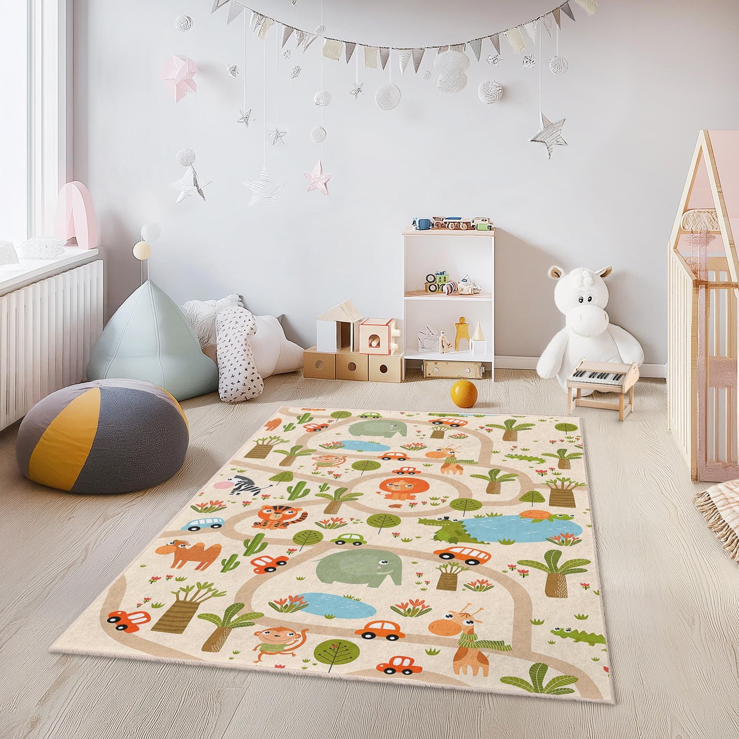 Spielteppich mit Tiermotiven, rechteckiger Kinderteppich, Spielzimmerteppich, Safari-Teppich, Kinderzimmerdeko, gemütliche Spielmatte