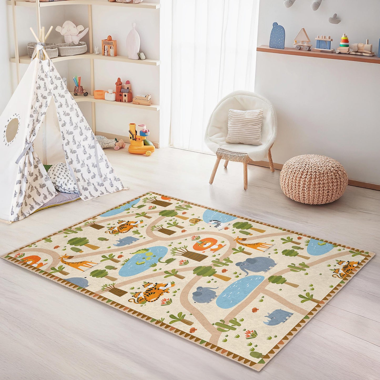 Safari-Abenteuer-Spielteppich für Kinder, Tiermotiv-Spielteppich für Kinder, rechteckige Spielmatte, Dschungeldeko fürs Kinderzimmer, weicher Kinderzimmerteppich