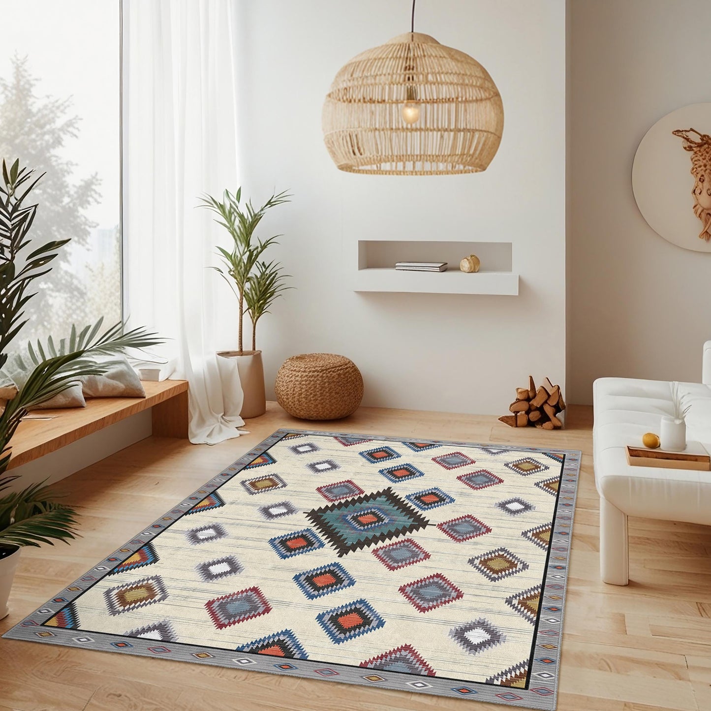 Rechteckiger Teppich mit geometrischem Rautenmuster | Bunter Boho-Teppich fürs Wohnzimmer | Weiche, waschbare Fußmatte
