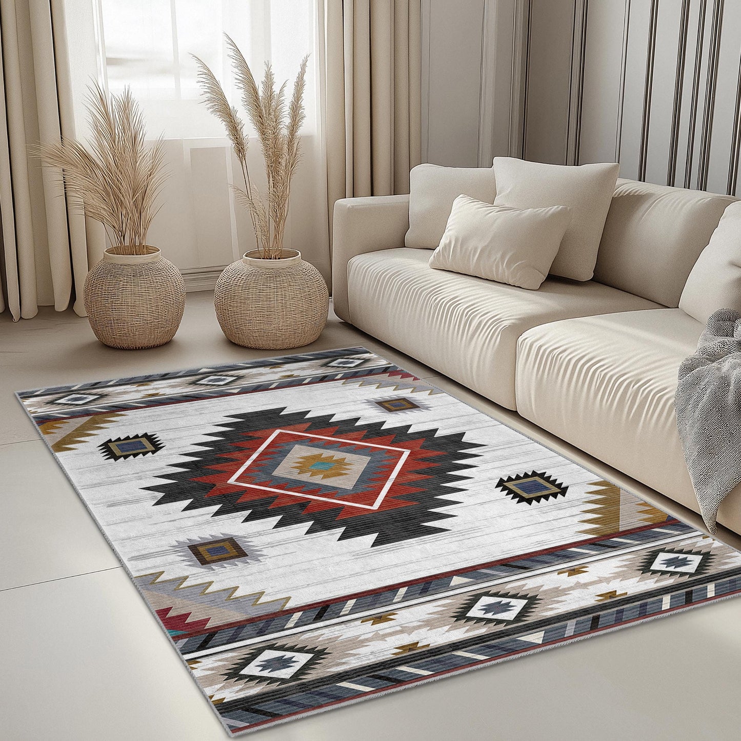 Stilvoller rechteckiger Teppich mit geometrischem Muster | Modernes Wohnambiente im Bohème-Stil | Weicher Baumwollteppich fürs Wohnzimmer