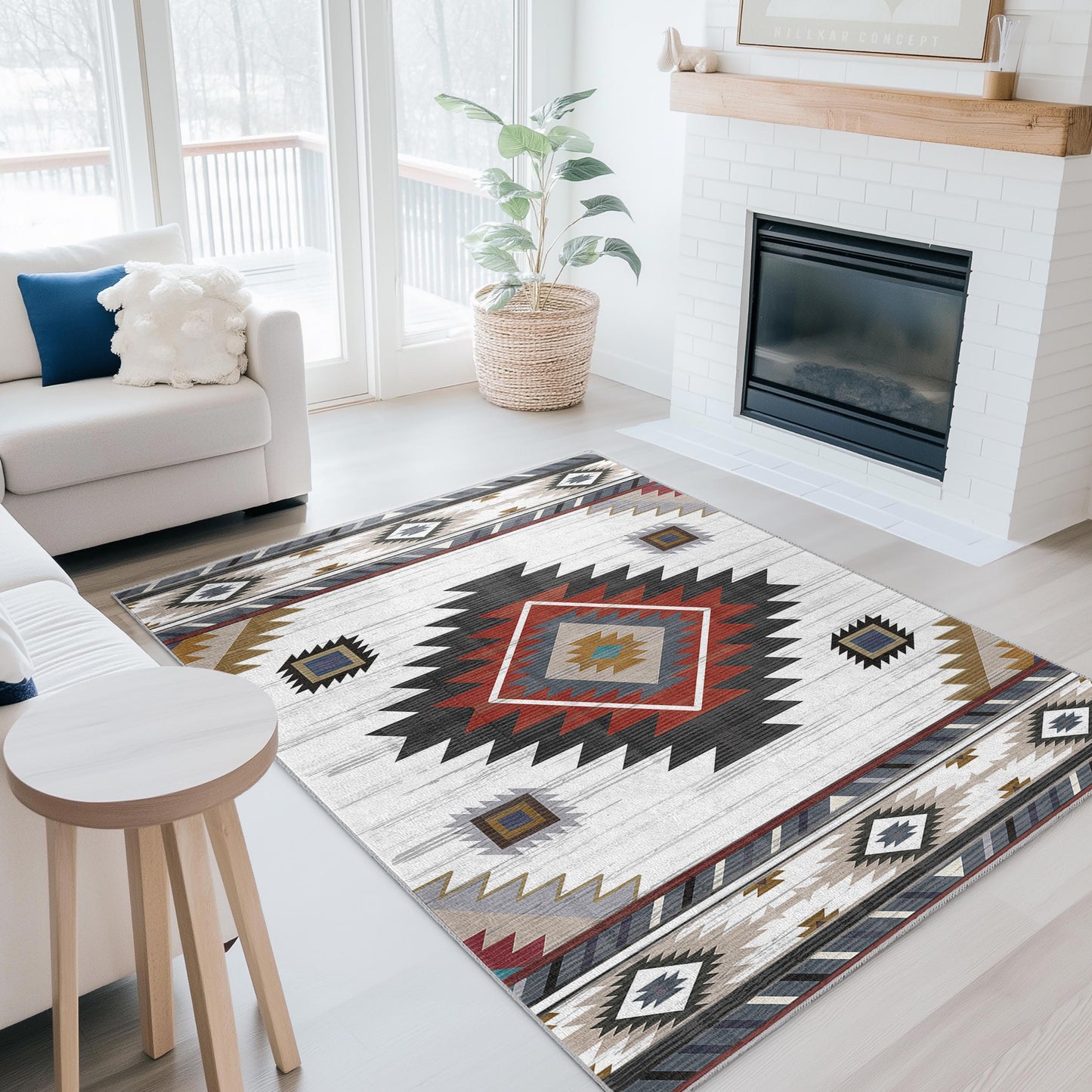 Stilvoller rechteckiger Teppich mit geometrischem Muster | Modernes Wohnambiente im Bohème-Stil | Weicher Baumwollteppich fürs Wohnzimmer